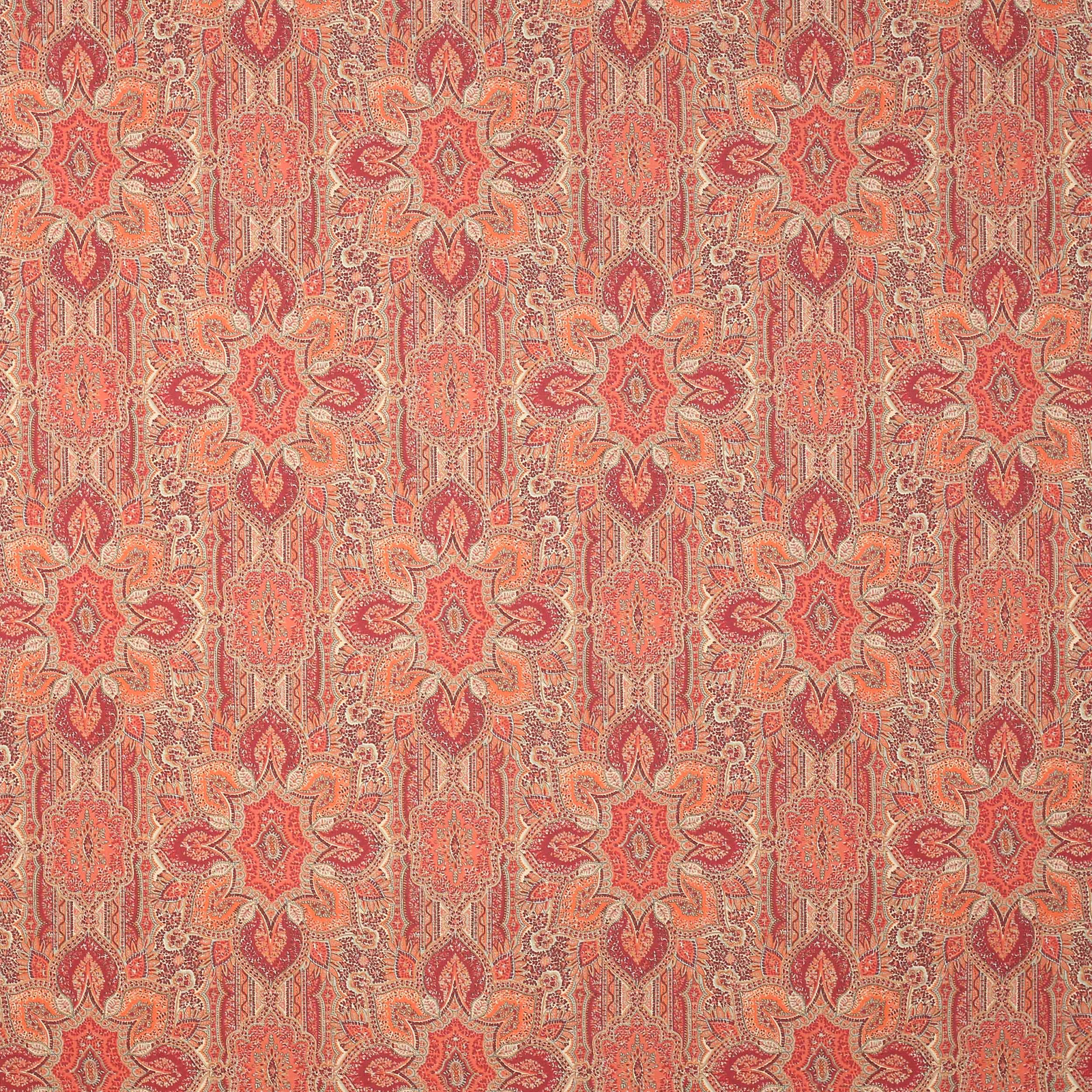 Coral-red damask linen fabric with repeating medallions and scrolling vertical stripes