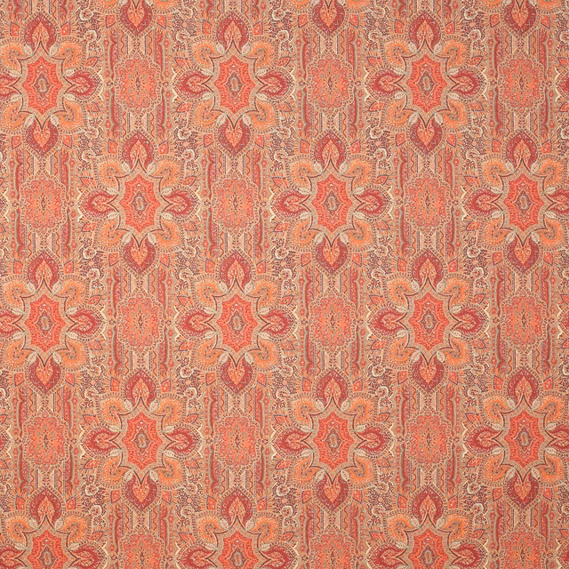 Coral-red damask linen fabric with repeating medallions and scrolling vertical stripes
