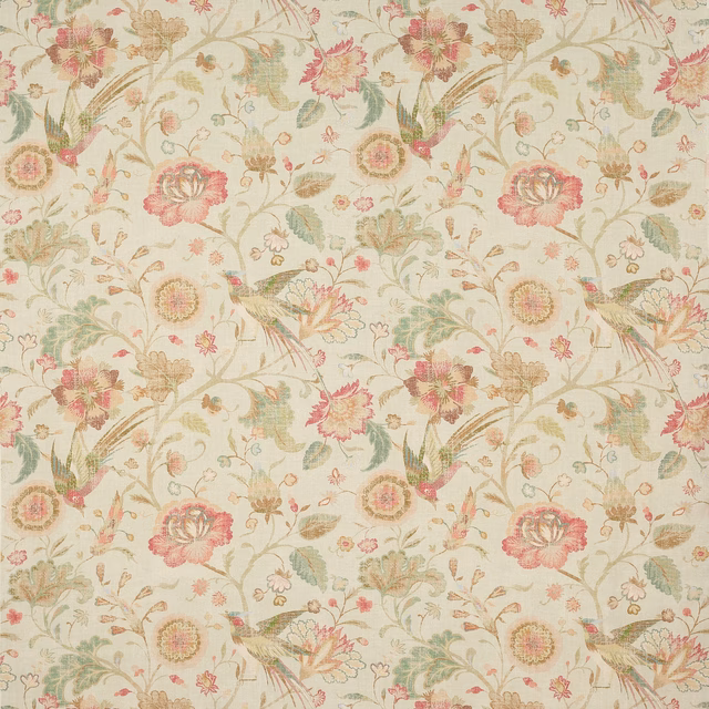 Cream linen floral fabric with pink and sage botanical motif