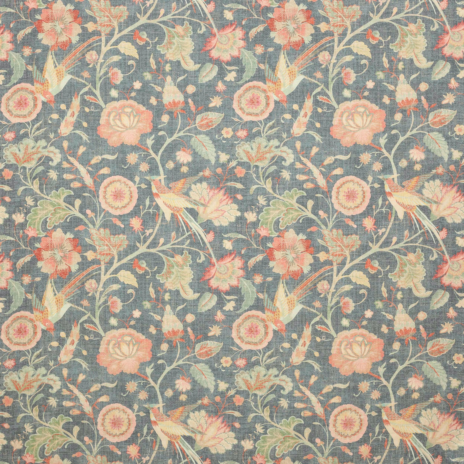 Patterned linen swatch with dusky navy ground and soft coral floral vines
