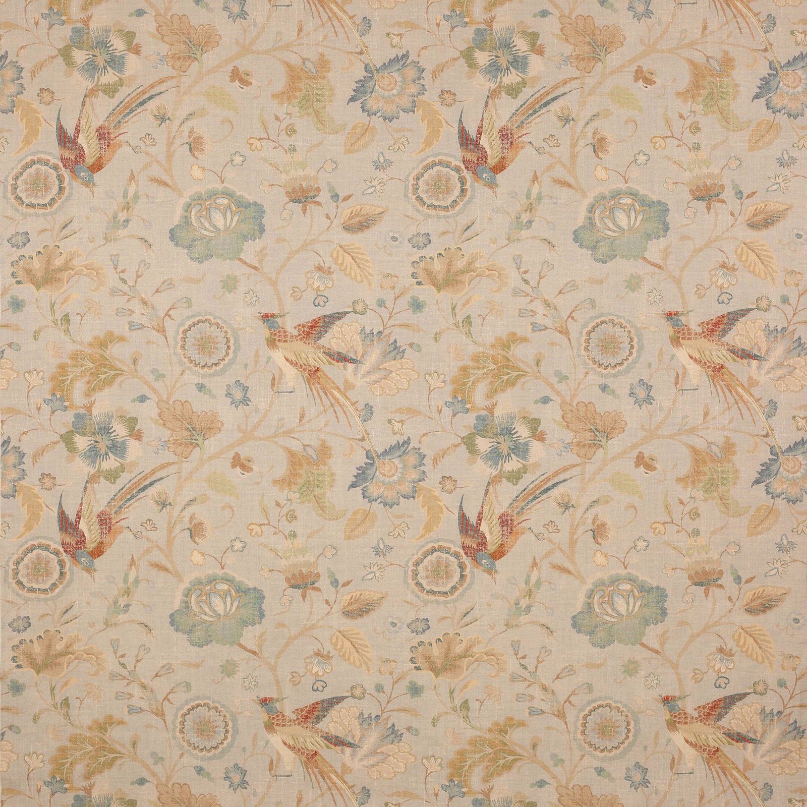 Pale linen fabric with birds, florals and vines in faded blue and soft pastel tones