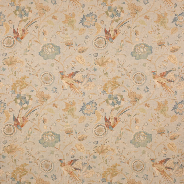 Pale linen fabric with birds, florals and vines in faded blue and soft pastel tones