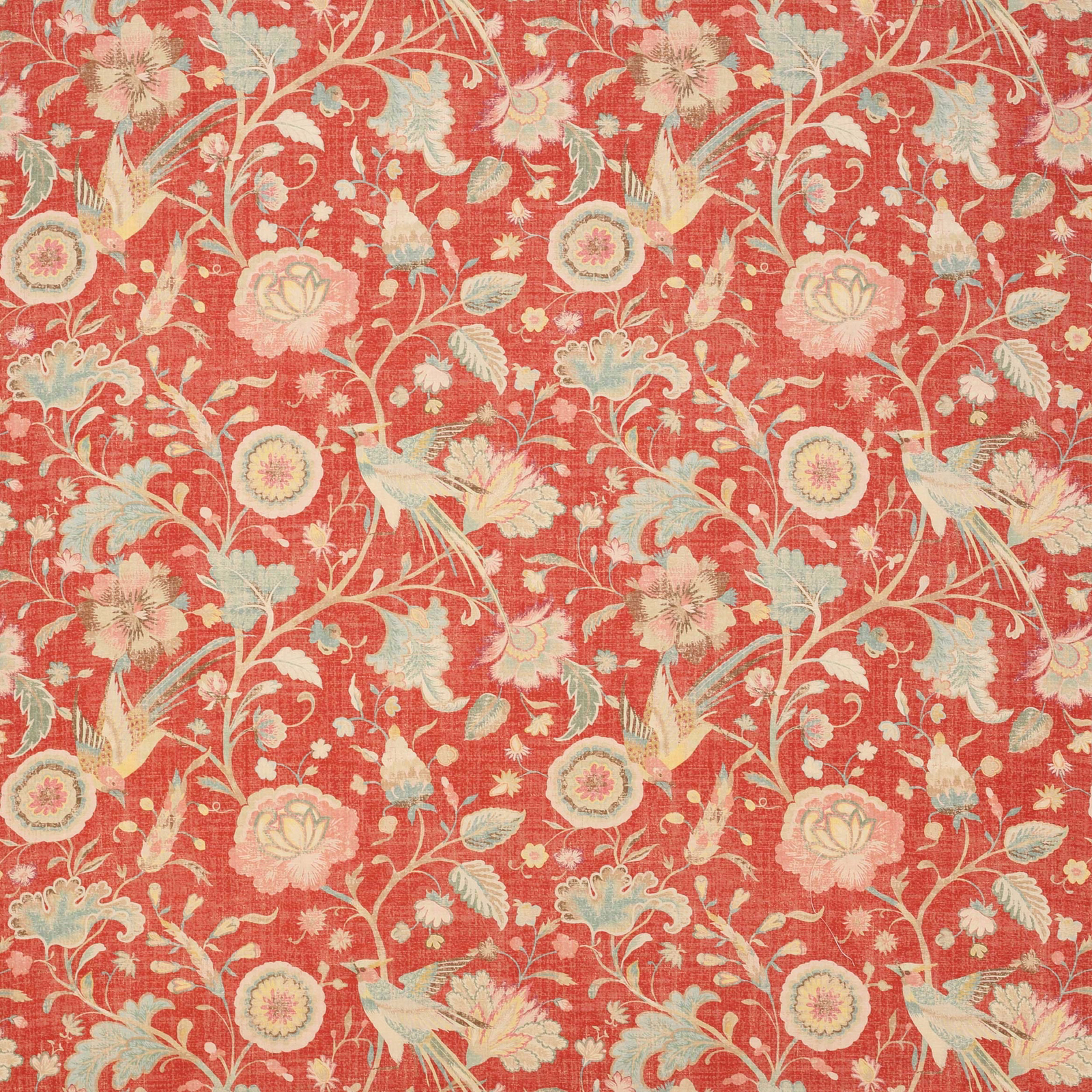 Tomato red floral linen with pale birds, cream vines and pastel blossoms