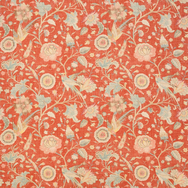 Tomato red floral linen with pale birds, cream vines and pastel blossoms