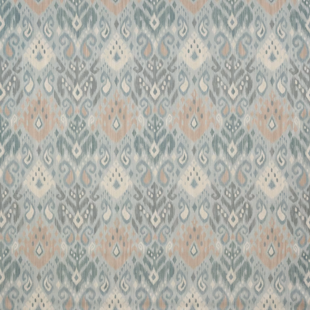 Soft aqua geometric fabric with blush and ivory diamond motifs