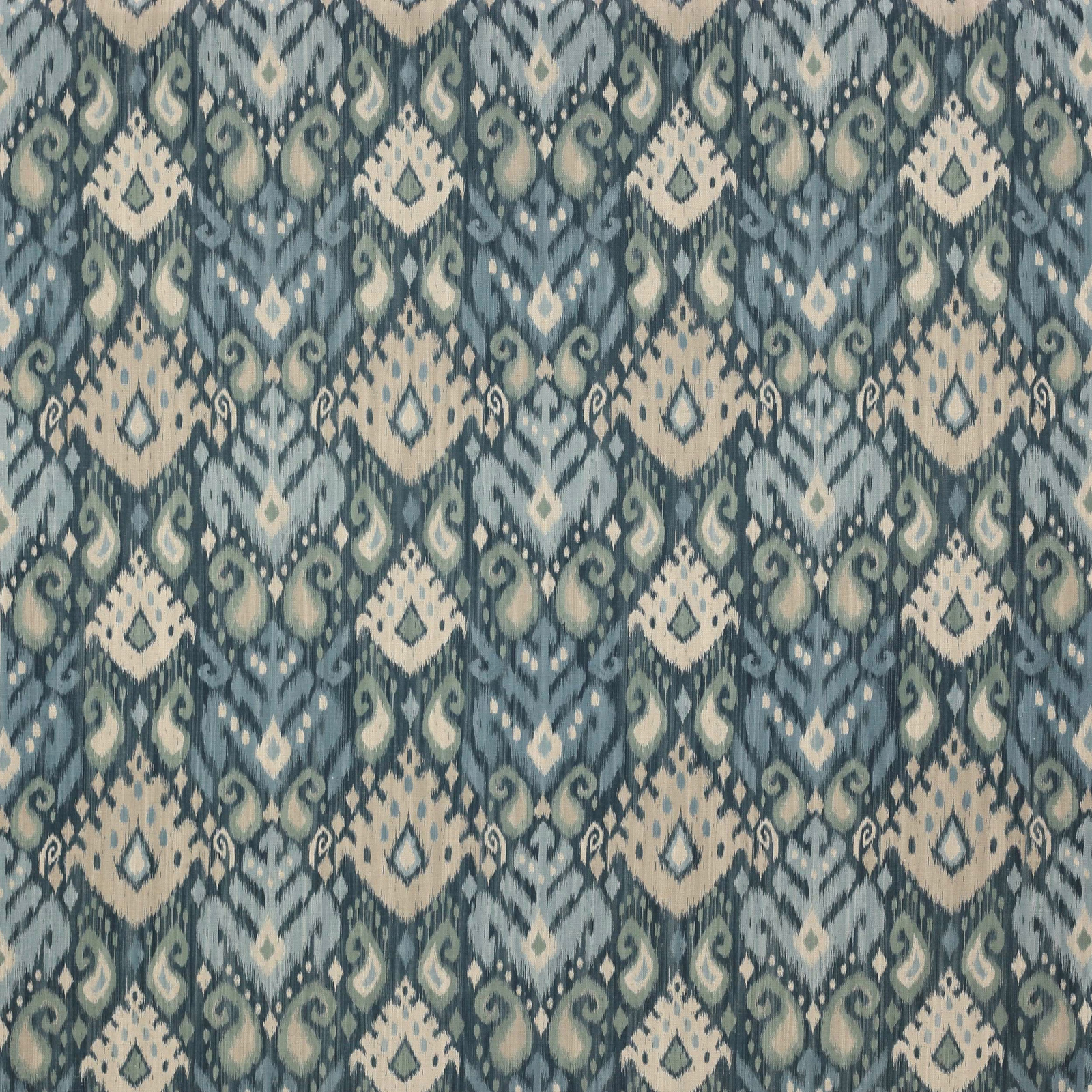 Muted navy damask fabric with ivory motifs and blue-grey detailing