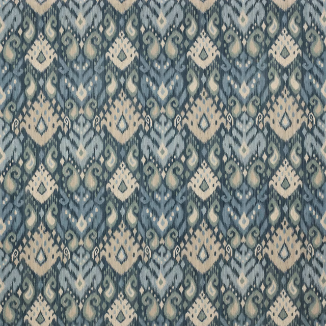 Muted navy damask fabric with ivory motifs and blue-grey detailing