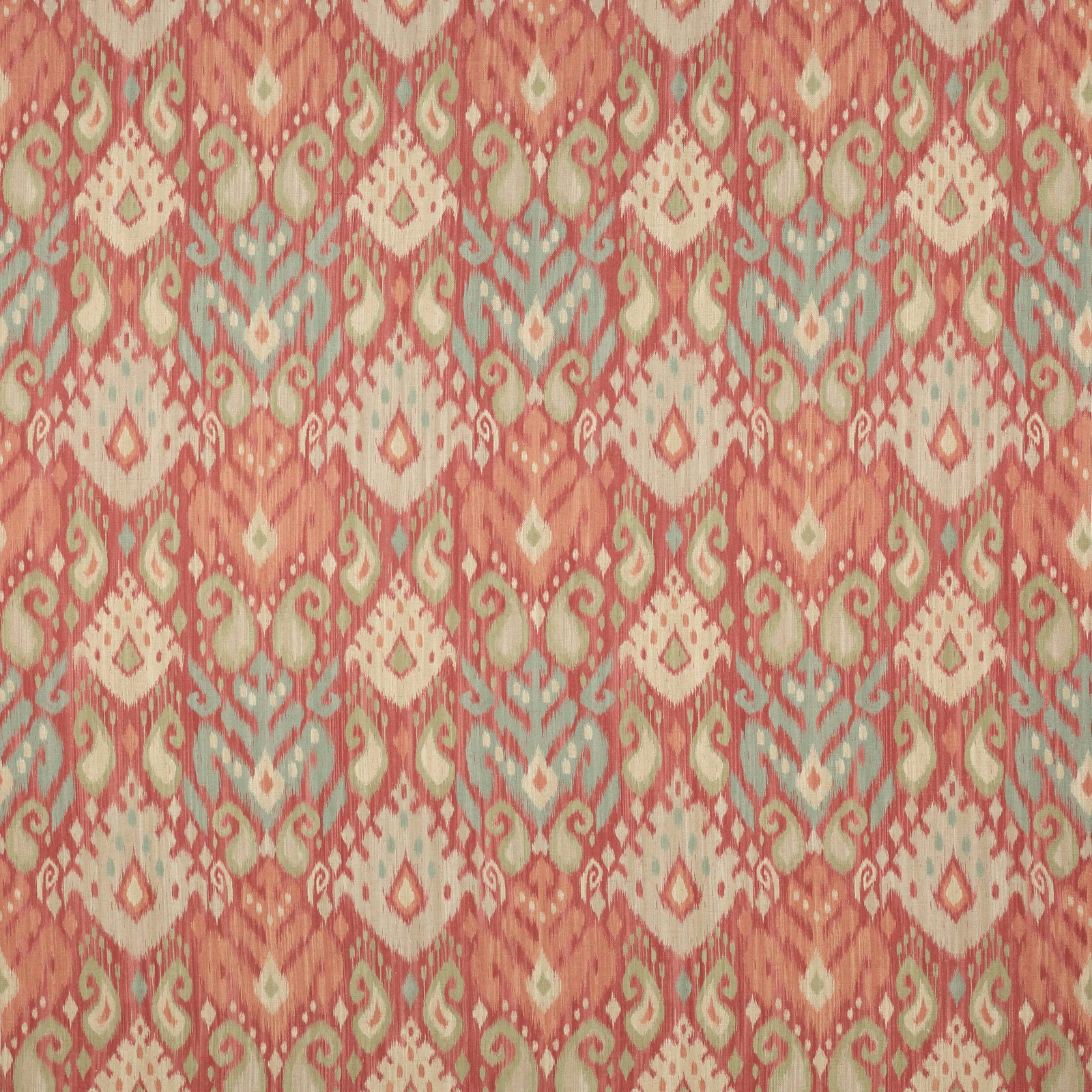 Coral red damask fabric with sage and cream motifs, woven in a textured surface