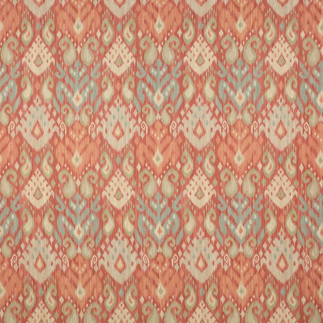 Coral red damask fabric with sage and cream motifs, woven in a textured surface