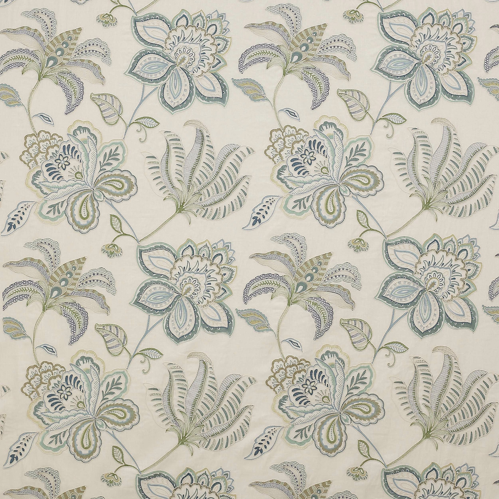 Large stylised floral print in soft blue, sage and ivory on a pale ground