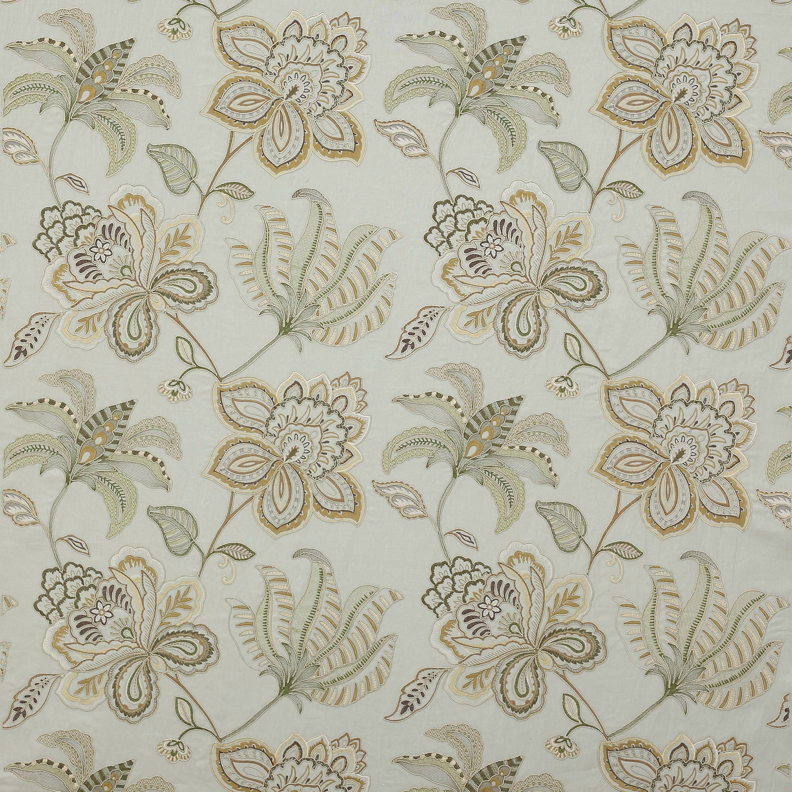 Embroidered floral fabric in soft old blue, sage and taupe on a pale ground