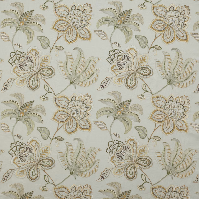 Embroidered floral fabric in soft old blue, sage and taupe on a pale ground