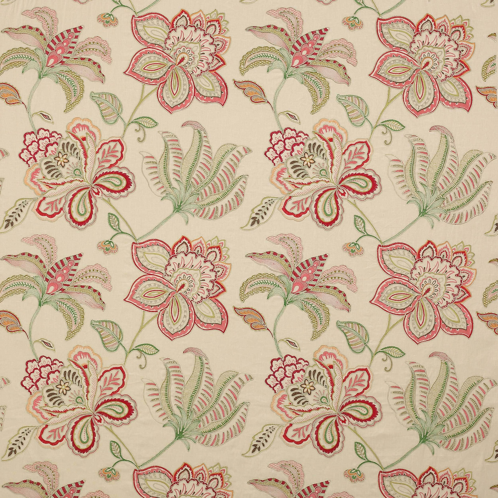Cream fabric swatch with large embroidered pink and sage floral motifs
