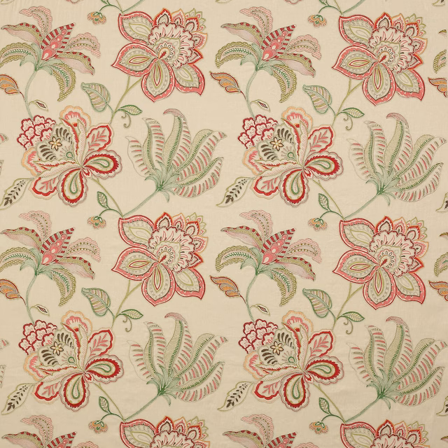 Cream fabric swatch with large embroidered pink and sage floral motifs
