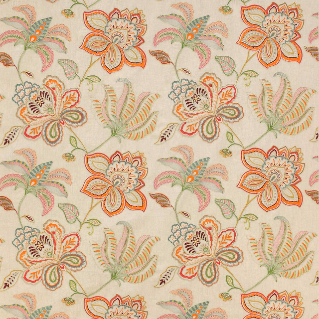 Cream floral fabric with large coral, teal and green blossoms