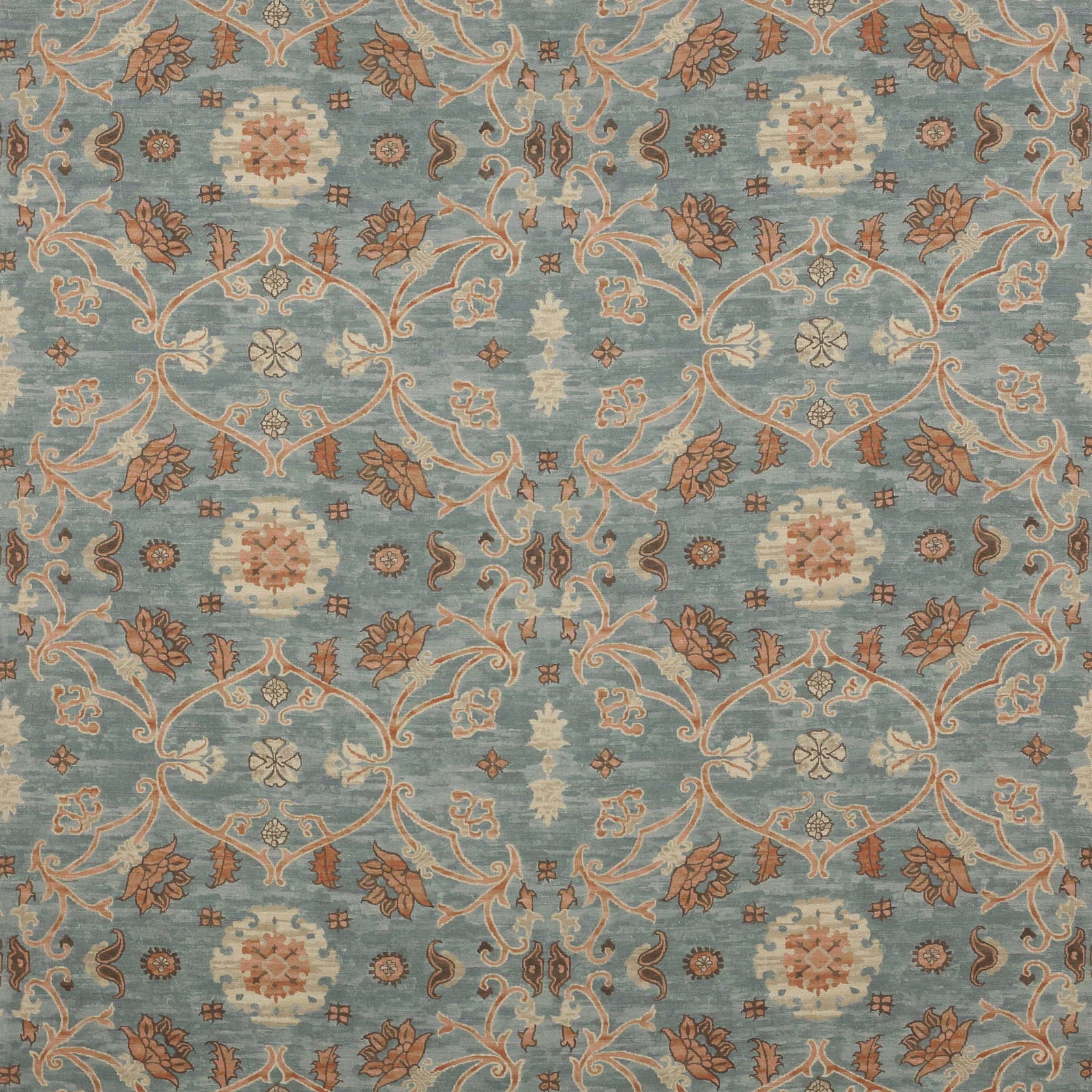 Blue damask fabric swatch with terracotta and cream floral scroll motifs