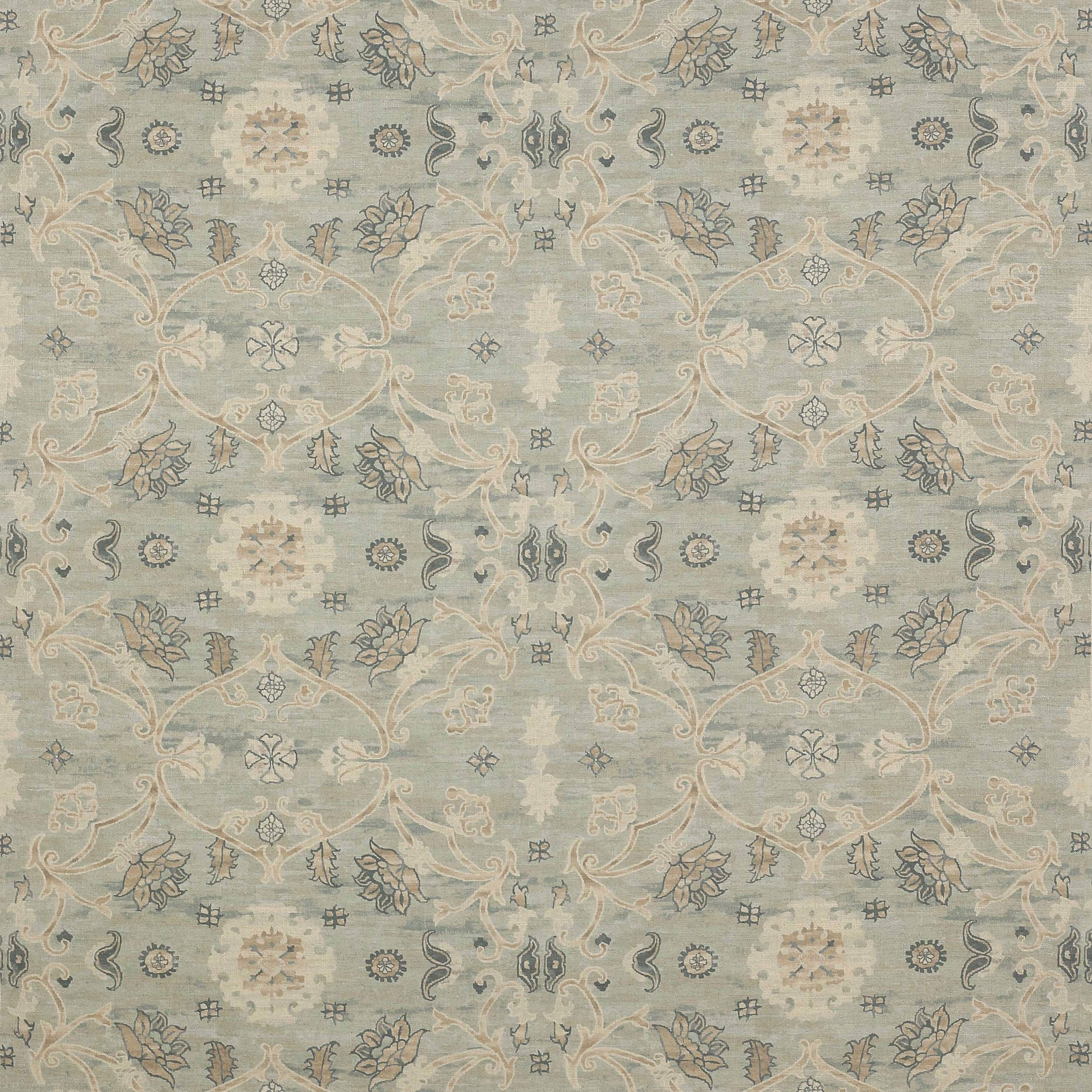 Pale aqua Colefax and Fowler floral fabric with scrolling lattice and muted outlines