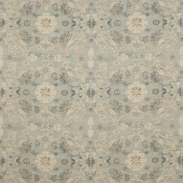 Pale aqua Colefax and Fowler floral fabric with scrolling lattice and muted outlines
