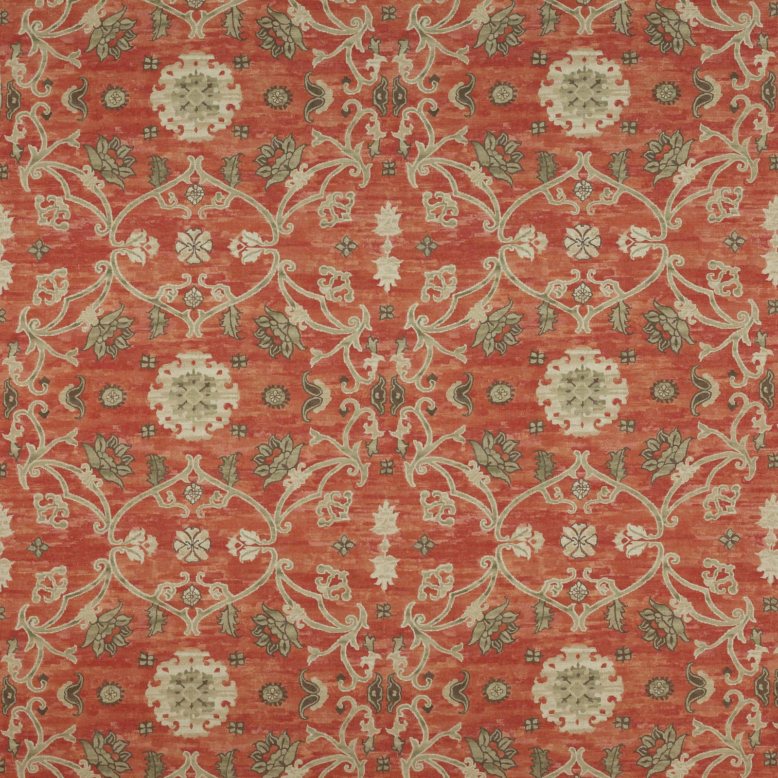 Tomato-red damask fabric with pale scrolling vine motifs and textured weave
