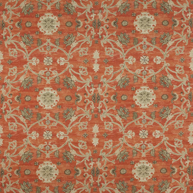 Tomato-red damask fabric with pale scrolling vine motifs and textured weave