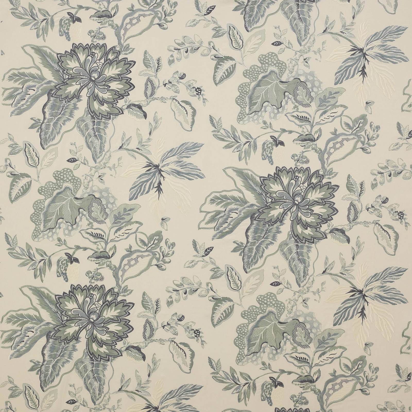 Large-scale floral fabric swatch in soft blue-grey and sage on a pale ground
