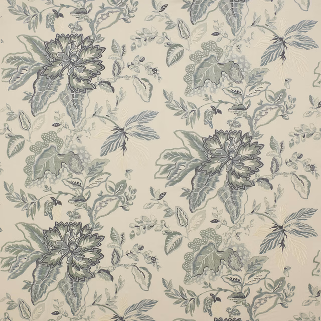 Large-scale floral fabric swatch in soft blue-grey and sage on a pale ground