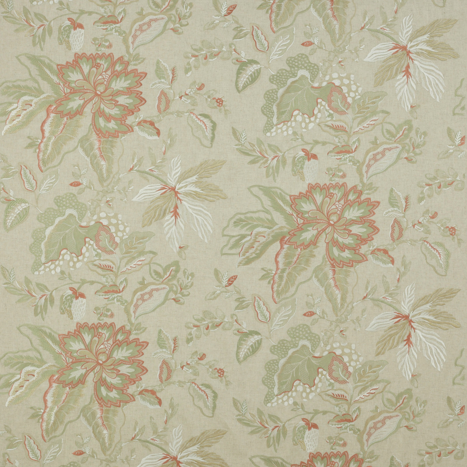 Soft sage floral fabric with coral outlined blooms and pale leaf motifs