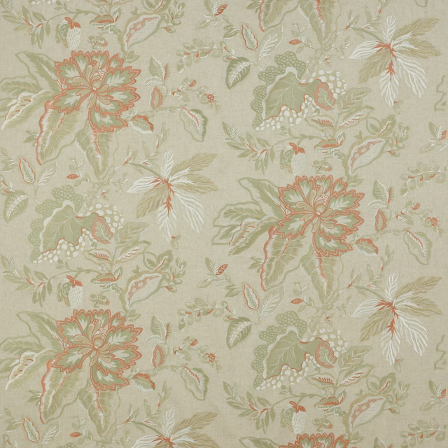Soft sage floral fabric with coral outlined blooms and pale leaf motifs