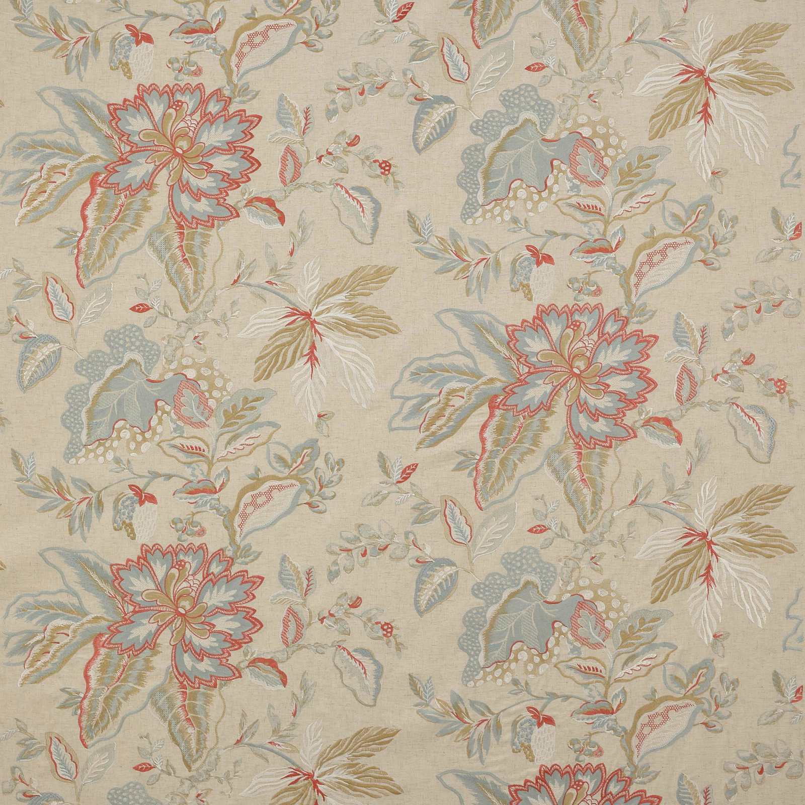 Cream floral fabric with tomato red outlines and soft aqua leaves