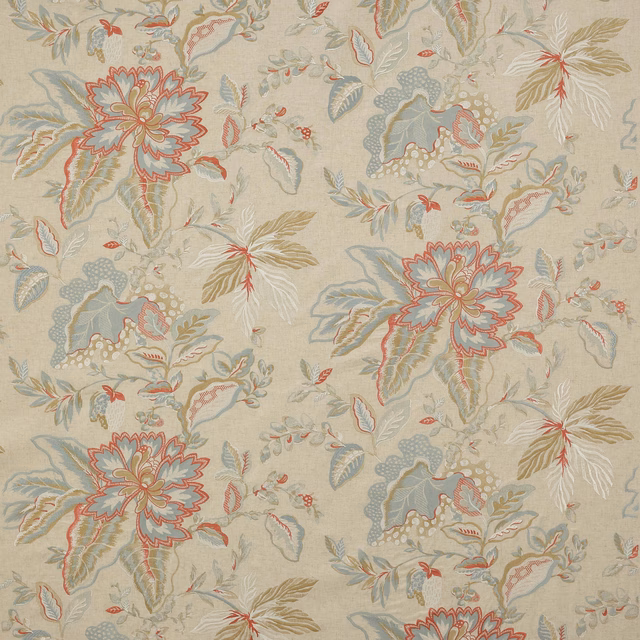 Cream floral fabric with tomato red outlines and soft aqua leaves