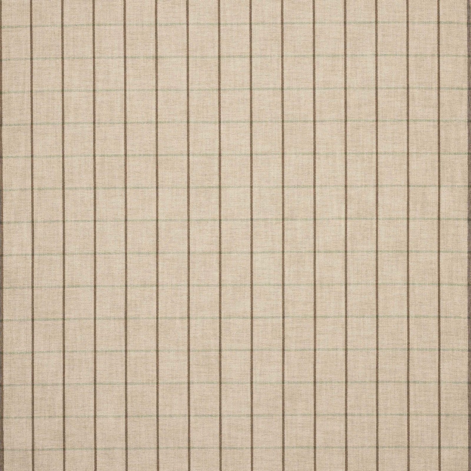 Muted sage green check fabric with narrow vertical stripes on a warm beige ground