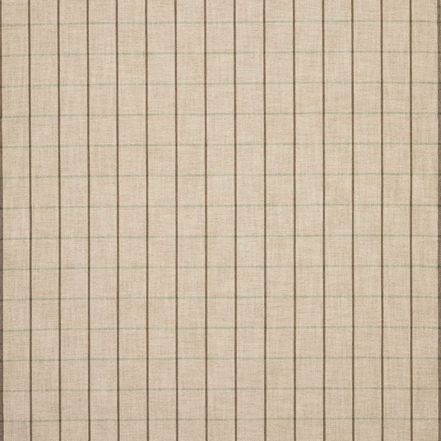 Muted sage green check fabric with narrow vertical stripes on a warm beige ground