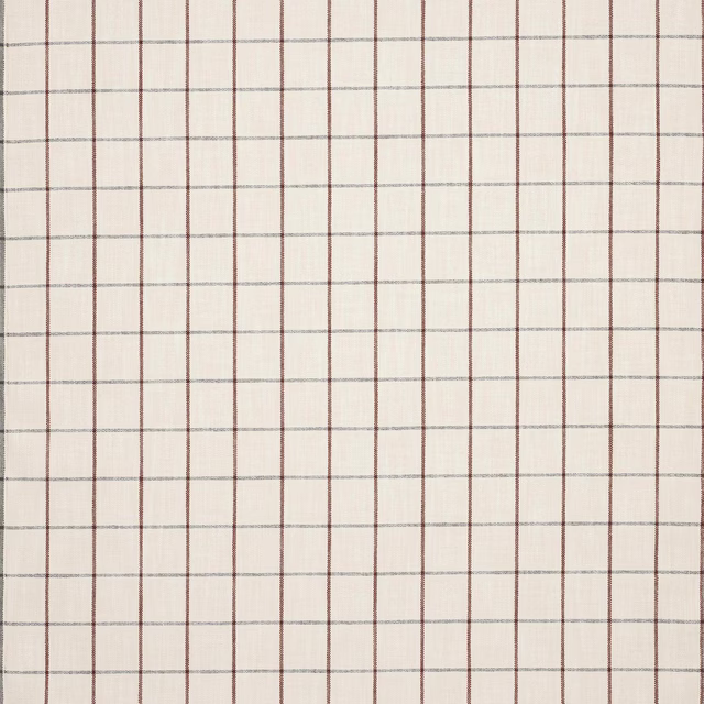 Pale ivory fabric swatch with a soft red and grey checked grid
