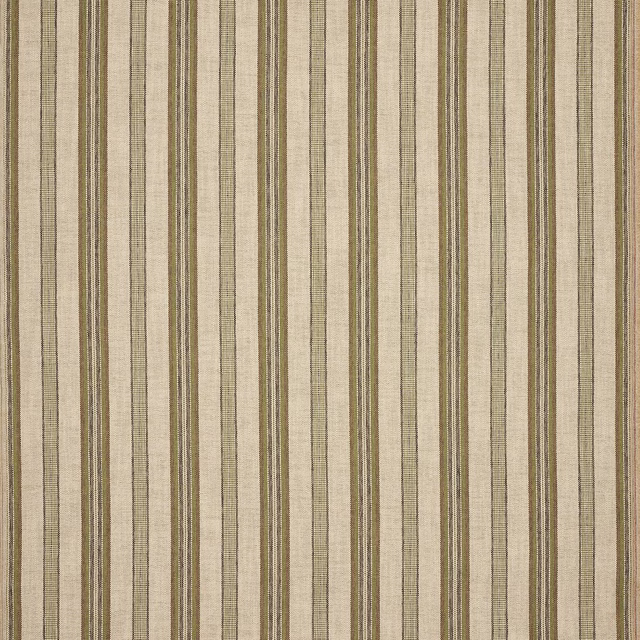 Close-up of muted olive and beige vertical stripe outdoor fabric with fine woven texture