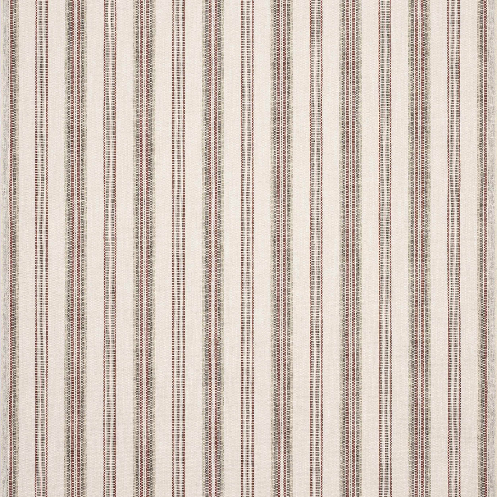 Vertical narrow red, green and beige stripes on a pale ivory fabric swatch