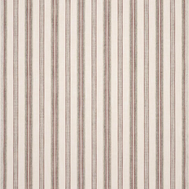 Vertical narrow red, green and beige stripes on a pale ivory fabric swatch