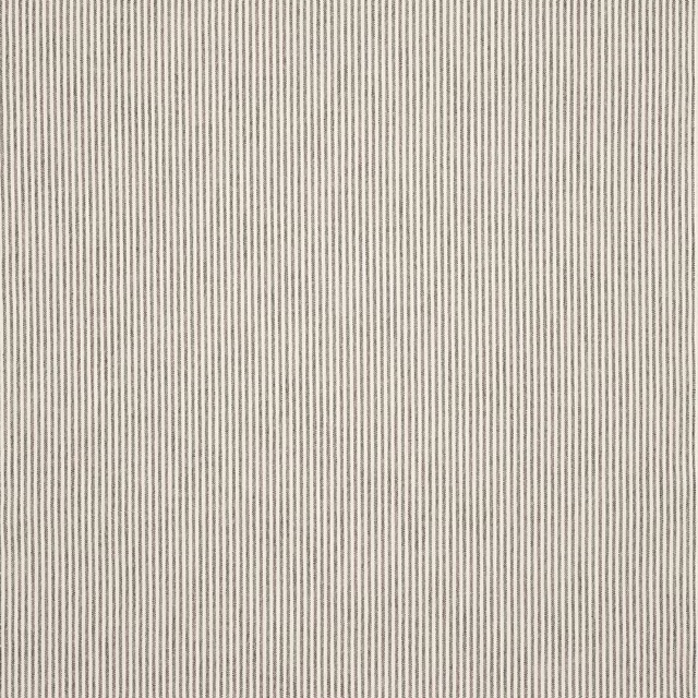 Close-up of pale ground outdoor ticking stripe fabric with fine slate grey vertical lines