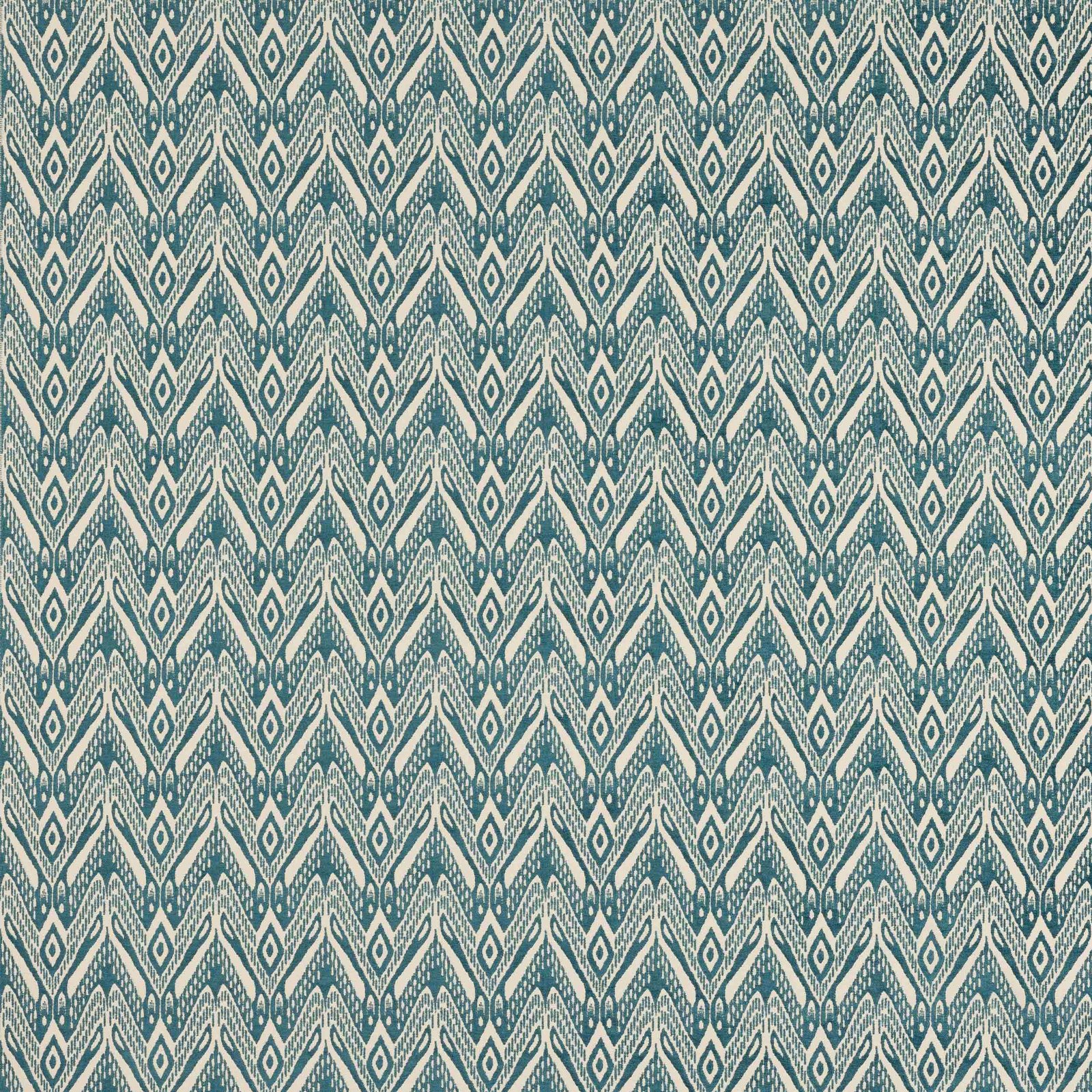 Teal and ivory geometric woven fabric swatch with small diamond repeat