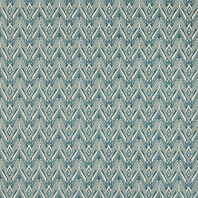 Teal and ivory geometric woven fabric swatch with small diamond repeat
