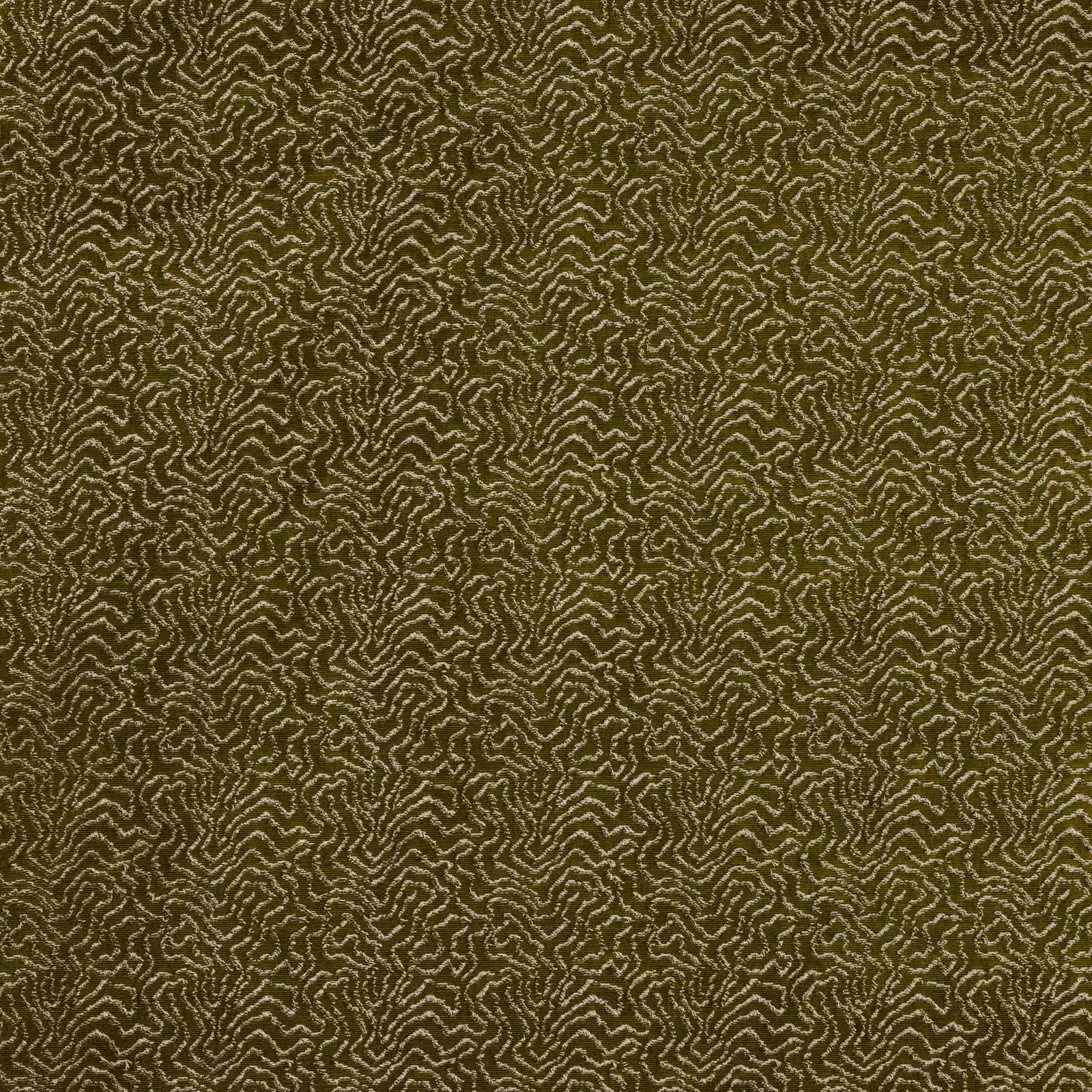Close-up of mossy olive woven fabric with a small abstract zigzag pattern