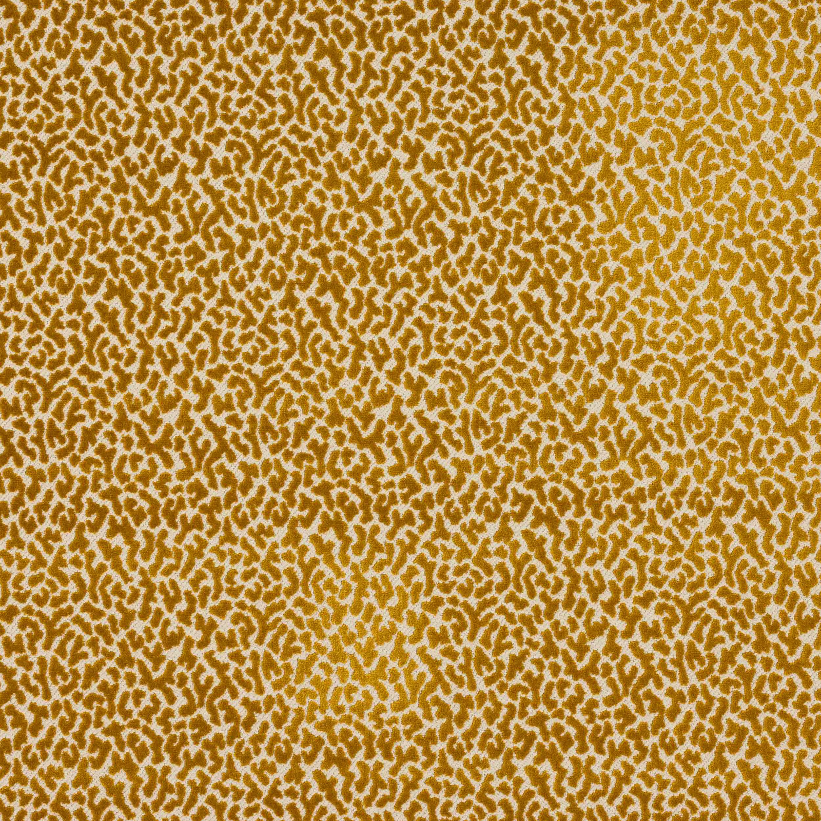 Mustard-gold abstract patterned fabric swatch with fine mottled texture