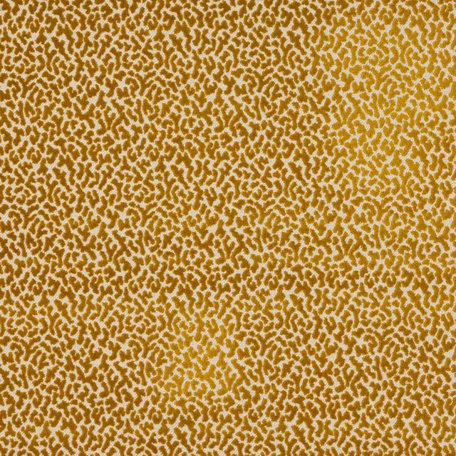 Mustard-gold abstract patterned fabric swatch with fine mottled texture