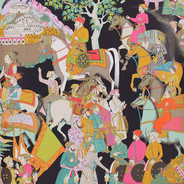 Black ground wallpaper showing colourful riders, elephants, horses, foliage and hilltop architecture