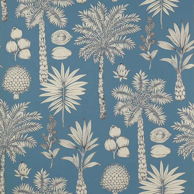 Muted teal wallpaper with cream palms, pineapples, coconuts and fan leaves