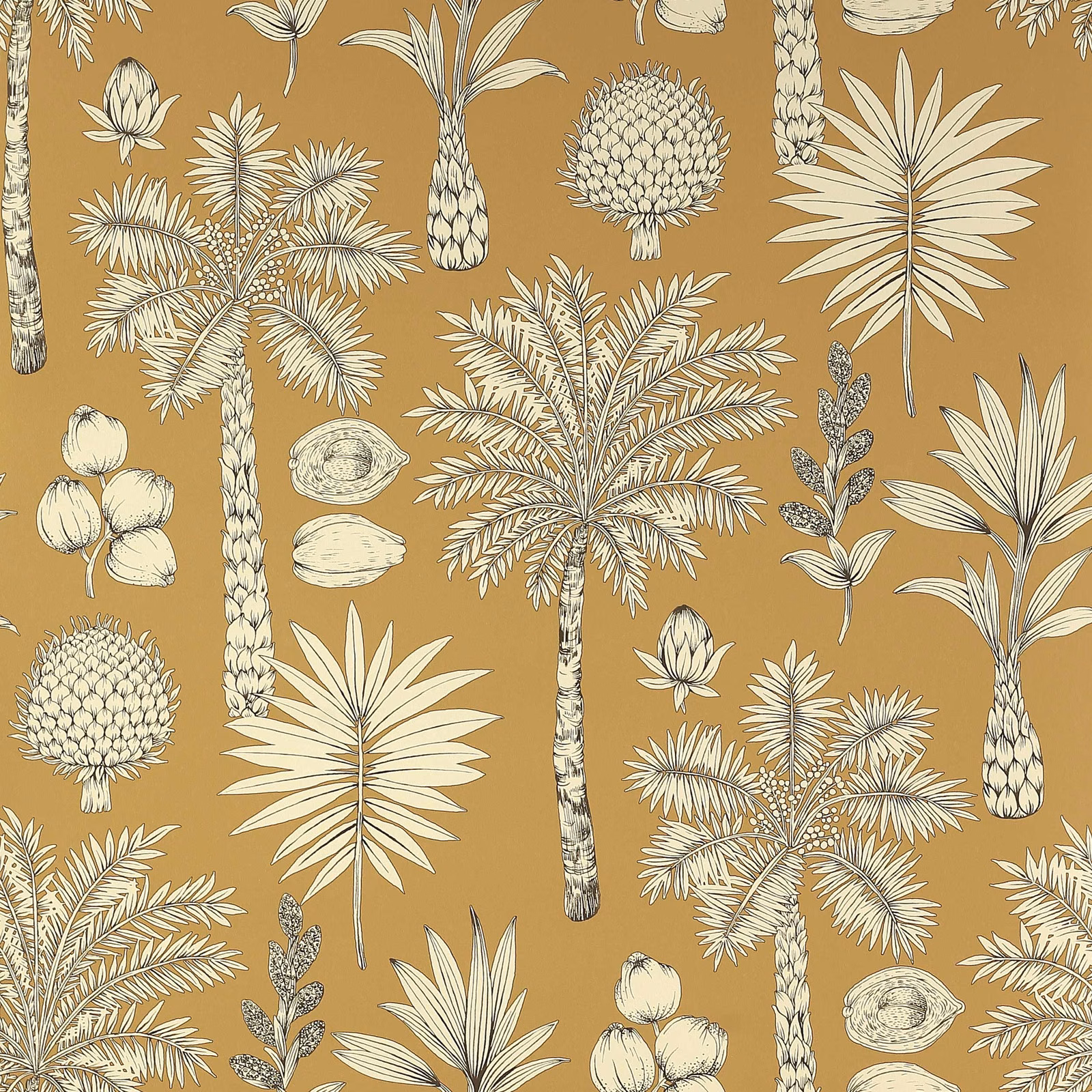 Warm copper ochre wallpaper with cream tropical palms, leaves, fruit and fine grey outlines