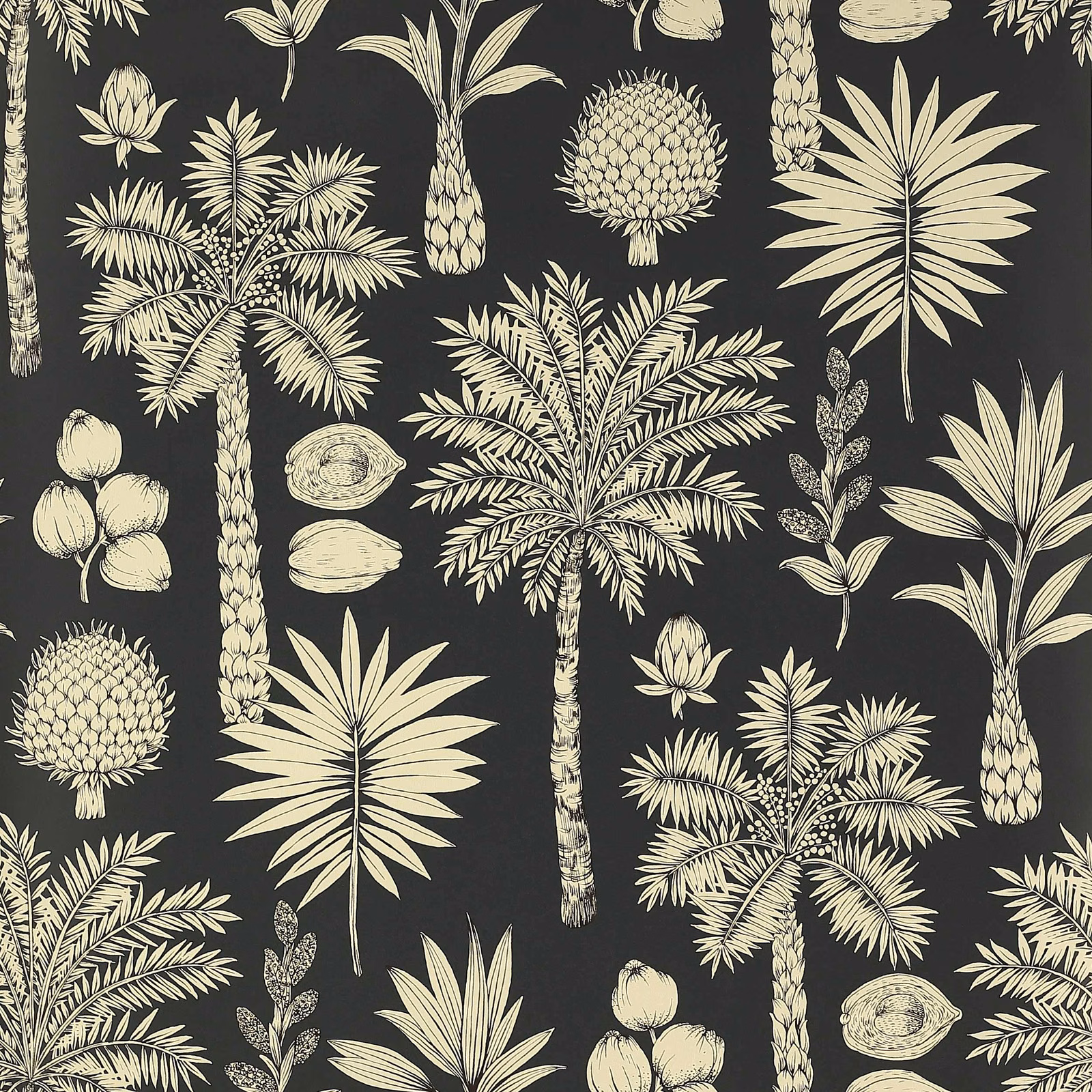 Charcoal black wallpaper with ivory palms, pineapples and tropical botanical illustrations