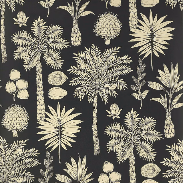 Charcoal black wallpaper with ivory palms, pineapples and tropical botanical illustrations