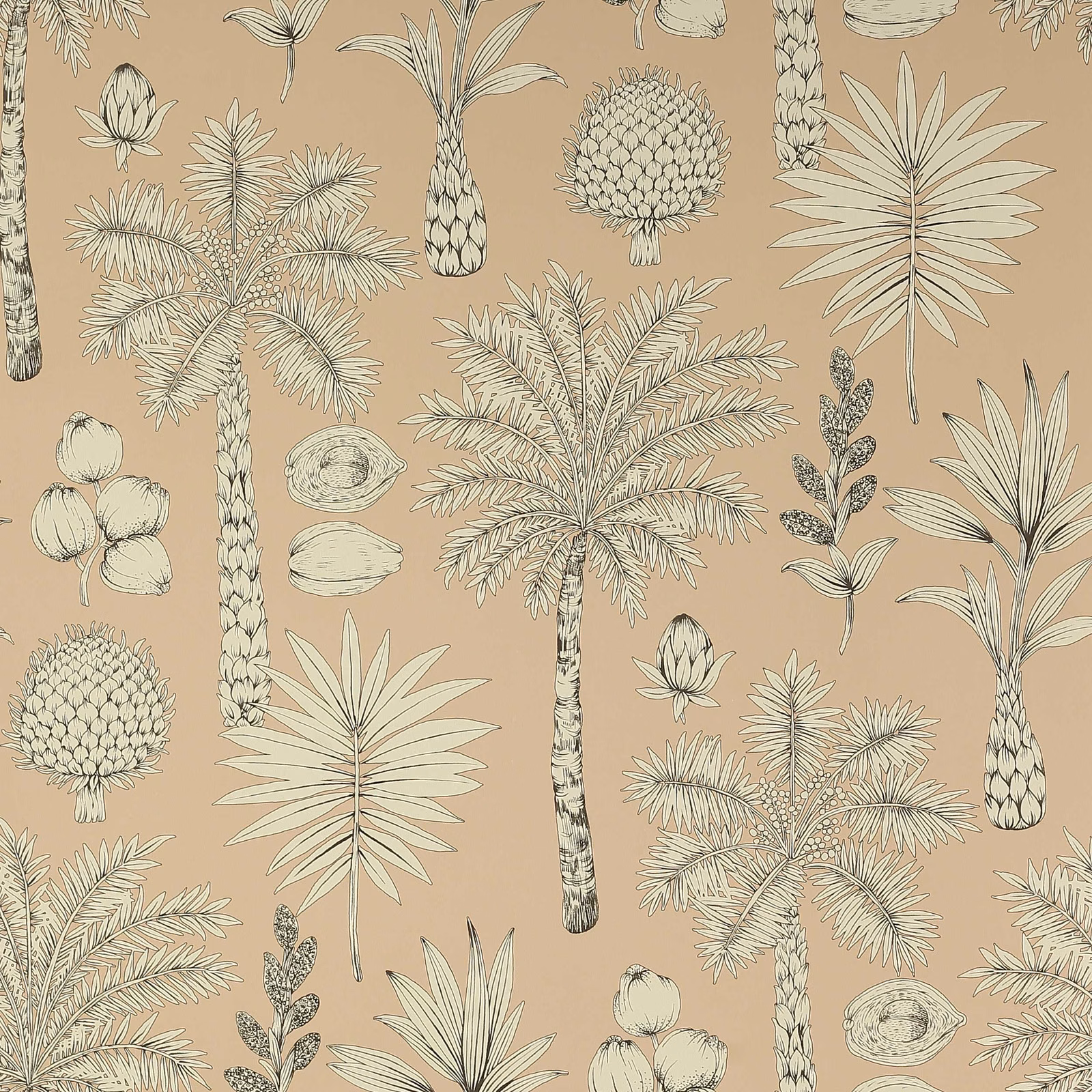 Muted peach wallpaper with cream and charcoal tropical palms, fruit and agave motifs