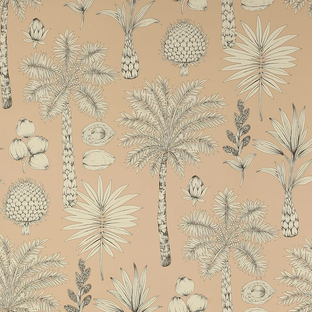Muted peach wallpaper with cream and charcoal tropical palms, fruit and agave motifs