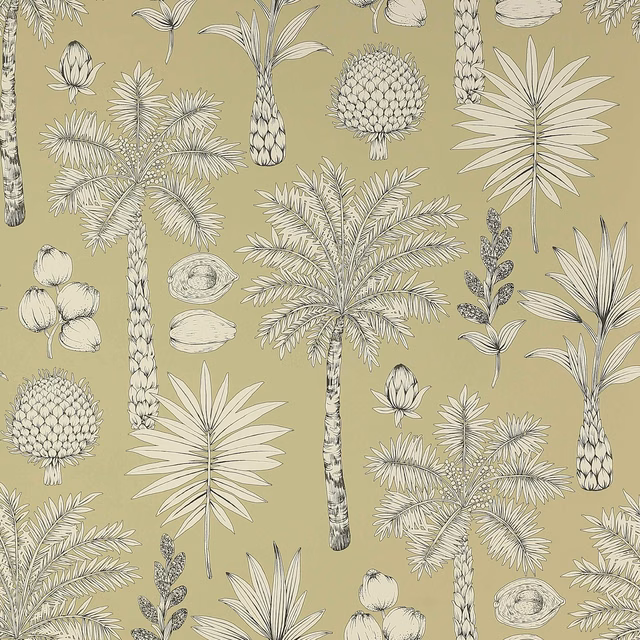 Olive-sage wallpaper with cream palm trees, pineapples and fine botanical linework